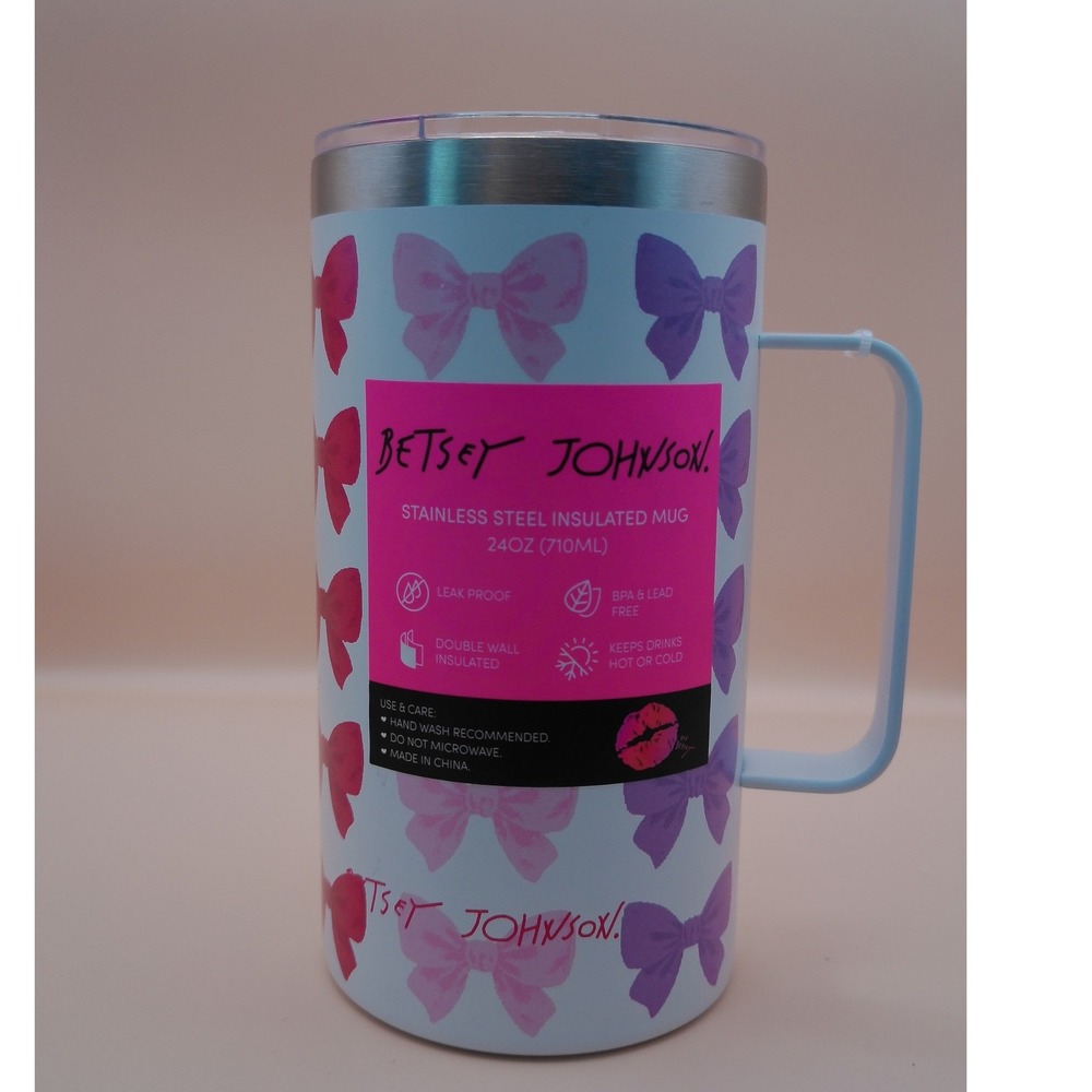 Betsey Johnson Bow Print Insulated Mug 24oz Travel Tumbler Coquette New